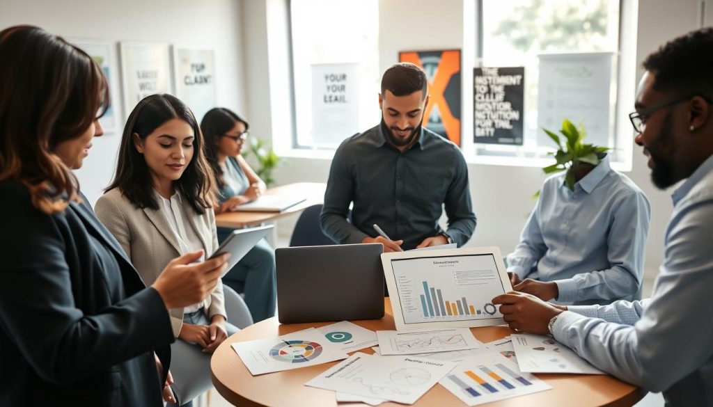 A professional setting depicting a diverse group of individuals engaged in a skill development needs assessment. In the foreground, a woman in smart business attire is analyzing a tablet, while a man in a crisp shirt takes notes on a laptop. In the middle ground, a round table showcases various charts and documents related to skill assessment, illuminated by soft natural lighting streaming in through the windows. The background features a modern office with motivational posters on the walls and greenery visible, creating a fresh and encouraging atmosphere. The overall mood is focused, yet collaborative, emphasizing empowerment through learning and professional growth. The image is captured from a slightly elevated angle to provide depth and context to the interaction among the team members. A professional setting depicting a diverse group of individuals engaged in a skill development needs assessment. In the foreground, a woman in smart business attire is analyzing a tablet, while a man in a crisp shirt takes notes on a laptop. In the middle ground, a round table showcases various charts and documents related to skill assessment, illuminated by soft natural lighting streaming in through the windows. The background features a modern office with motivational posters on the walls and greenery visible, creating a fresh and encouraging atmosphere. The overall mood is focused, yet collaborative, emphasizing empowerment through learning and professional growth. The image is captured from a slightly elevated angle to provide depth and context to the interaction among the team members.