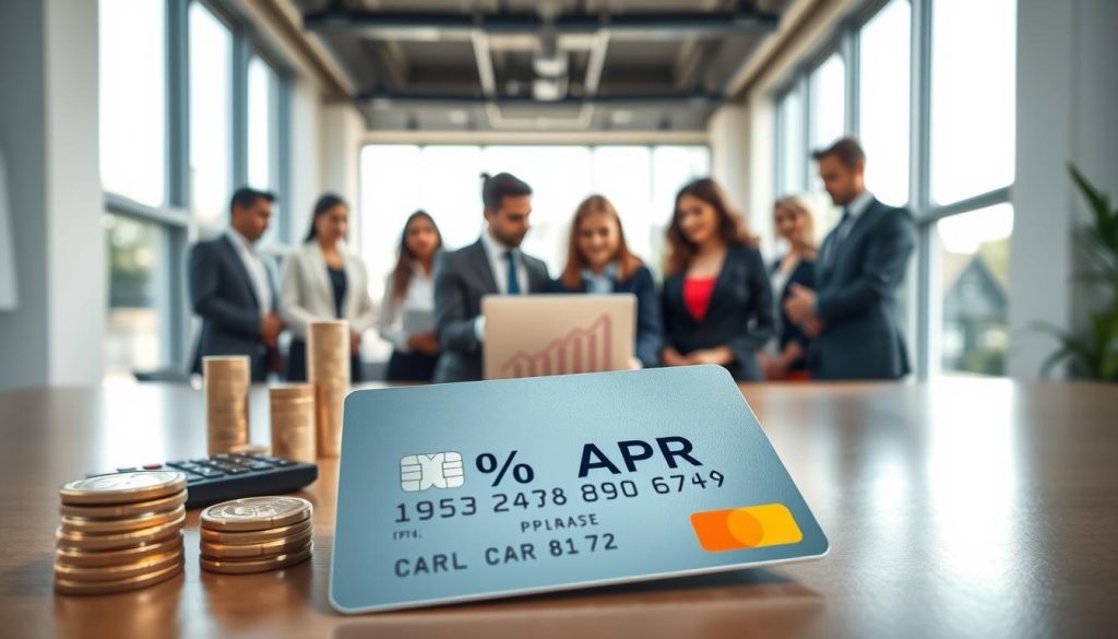 A professional, well-lit office environment showcasing the concept of 0% APR credit card benefits. In the foreground, an attractive credit card prominently displays a "0% APR" label with a gleaming metallic finish. Surrounding the card are symbols of financial freedom, such as a small stack of coins, a calculator, and graphs with upward trends. In the middle ground, a diverse group of individuals dressed in business attire discusses their finances over a laptop, exuding a sense of collaboration and empowerment. The background features a modern office decor with large windows allowing natural light to fill the scene, creating an optimistic and productive atmosphere. The composition emphasizes clarity and professionalism, with a focus on financial growth and opportunity.