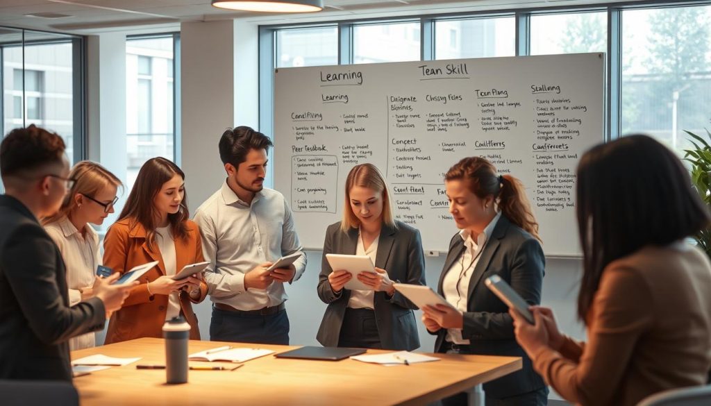 A professional workspace illustrating various skill development techniques. In the foreground, a diverse group of adults, dressed in smart casual attire, are engaged in activities such as brainstorming, collaborating, and using digital tablets to learn new concepts. In the middle ground, a large whiteboard showcases diagrams and notes on effective learning methods, such as 'active learning' and 'peer feedback'. The background features a modern office environment, with large windows allowing natural light to flood the space, enhancing the collaborative atmosphere. Soft, focused lighting highlights the participants, creating a warm and inspiring mood, ideal for skill-based learning. The scene captures a sense of empowerment and growth, emphasizing the essence of skill development. A professional workspace illustrating various skill development techniques. In the foreground, a diverse group of adults, dressed in smart casual attire, are engaged in activities such as brainstorming, collaborating, and using digital tablets to learn new concepts. In the middle ground, a large whiteboard showcases diagrams and notes on effective learning methods, such as 'active learning' and 'peer feedback'. The background features a modern office environment, with large windows allowing natural light to flood the space, enhancing the collaborative atmosphere. Soft, focused lighting highlights the participants, creating a warm and inspiring mood, ideal for skill-based learning. The scene captures a sense of empowerment and growth, emphasizing the essence of skill development.