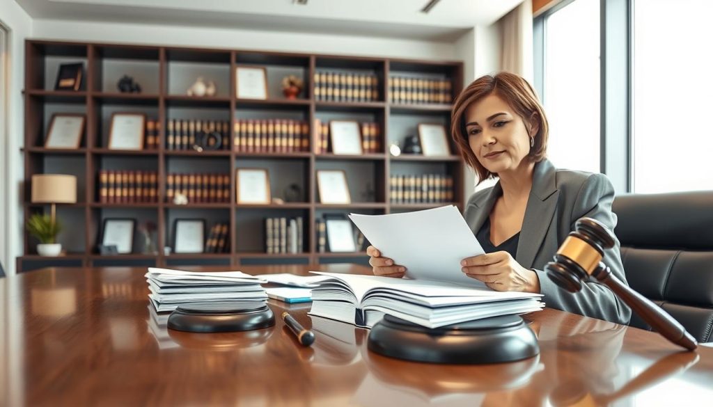 A sleek and modern probate law firm office interior, focusing on a polished wooden desk stacked with legal documents and a gavel. In the foreground, a professional lawyer in a tailored suit, a middle-aged Caucasian woman, is reviewing paperwork with a thoughtful expression. In the middle ground, a stylish bookshelf filled with law books and framed certificates adds depth. The background features a large window with natural light pouring in, creating a warm and inviting atmosphere. Soft, diffused lighting enhances the professionalism of the space, showcasing a harmonious blend of sophistication and approachability. The image conveys a sense of trust, expertise, and support in the probate process.