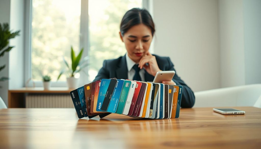 A sleek, modern wooden table serves as the foreground, featuring an array of various credit cards thoughtfully arranged in a fan shape, each card displaying different colors and designs. In the middle ground, a professional businessperson in business attire examines the cards, their facial expression focused and contemplative, symbolizing careful decision-making. Soft, natural light filters in from a large window in the background, casting gentle shadows and creating a warm, inviting atmosphere. Subtle decor elements, such as a potted plant and a smartphone, are positioned in the background to add context. The overall mood conveys a sense of responsibility and clarity, emphasizing the importance of making well-informed financial choices. The image should be well-composed, captured from a slight overhead angle to provide a clear view of the cards and the person engaged in thoughtful assessment.