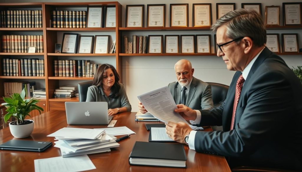 A well-organized law office setting depicting a professional probate lawyer working with clients. In the foreground, a middle-aged lawyer in a tailored suit and glasses, attentively reviewing legal documents with a couple seated across the desk. The clients appear engaged, with expressions of curiosity and trust. The middle layer features a polished wooden desk cluttered with files, a laptop, and a decorative plant, adding warmth to the scene. In the background, shelves filled with legal books and certificates hang framed on the wall, illuminated by soft, natural light filtering through a window, creating a calm and reassuring atmosphere. The image embodies professionalism, trust, and the collaborative spirit of the probate process.
