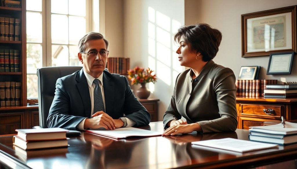 An estate planning attorney sitting at an elegant wooden desk, surrounded by law books and documents, conveying professionalism and expertise. The attorney, a middle-aged Caucasian man in a tailored navy suit, is engaged in a conversation with a client, a middle-aged Hispanic woman dressed in a smart blouse. Soft, natural light filters through a large window, casting gentle shadows to create a warm and inviting atmosphere. In the background, a bookshelf filled with legal texts and a framed certificate on the wall emphasize the attorney's credentials. The scene is captured using a medium focal length lens from a slightly elevated angle, highlighting the focused expressions of both individuals, portraying a mood of trust and collaboration in the estate planning process.